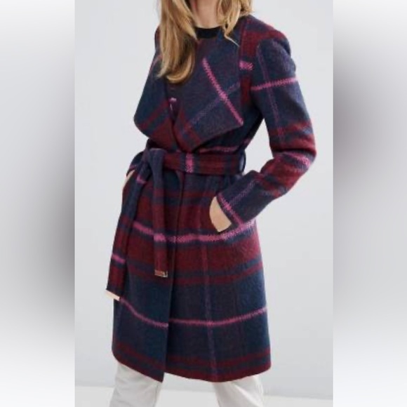 Ted Baker Skaalet Check Long Wrap Coat Size 3 US 8 - Picture 1 of 14